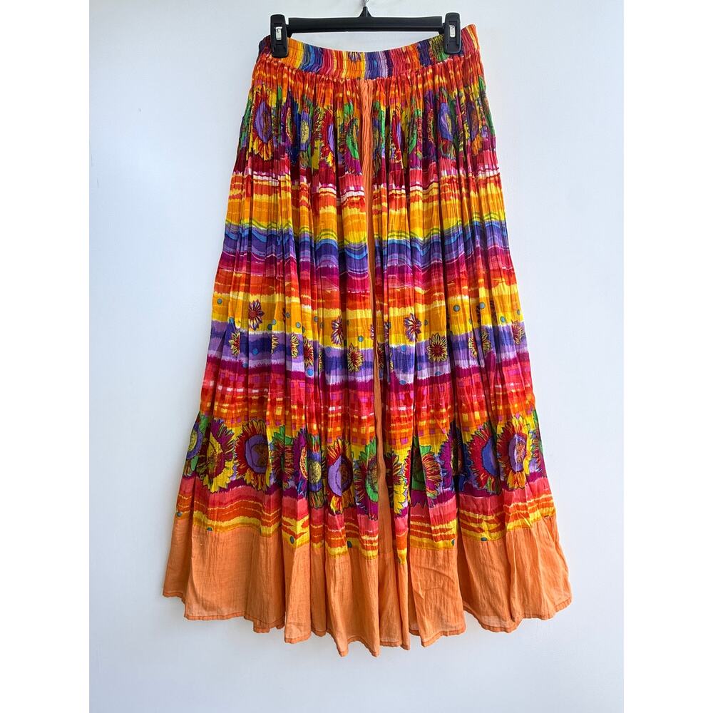 Vintage Phool Indian Cotton Gauze Broomstick Maxi Skirt Sunflower Boho Hippie L